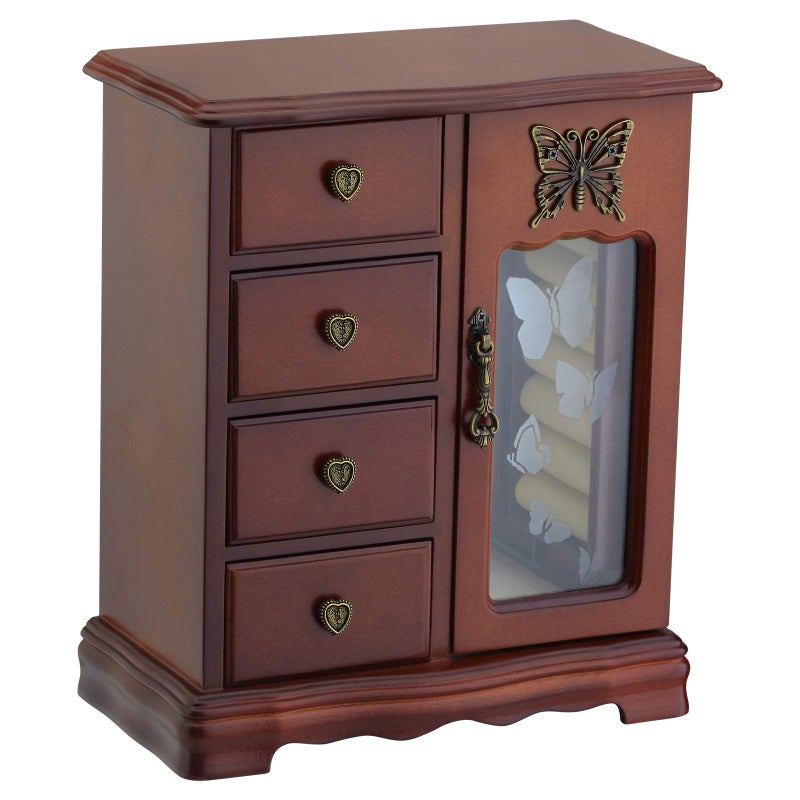 RR ROUND RICH DESIGN صندوق مجوهرات خشبي صلب بتصميم دائري فاخر مع 4 أدراج وحامل قلائد مدمج ومرآة باللون البني - Image 1